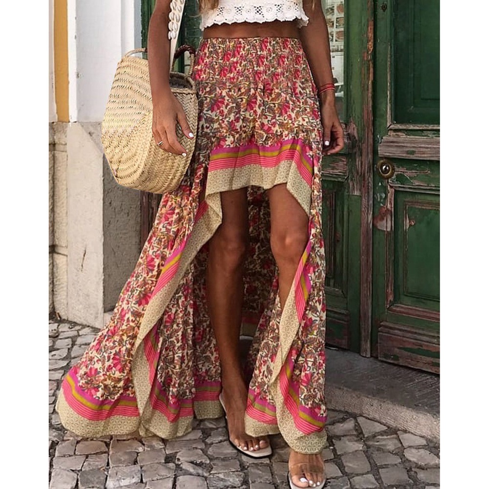Boho Gypsy Floral Print High Low Maxi Skirt (Red)